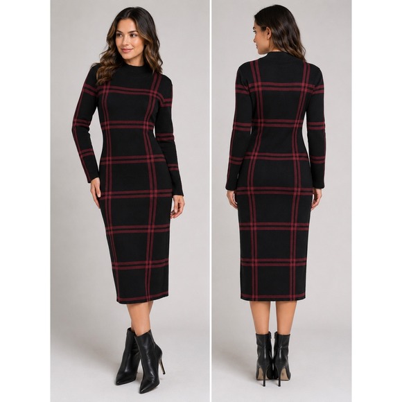 Emery Rose Dresses & Skirts - Emery Rose Womens Plaid Mock Neck Long Sleeve Bodycon Sweater Midi Dress Medium